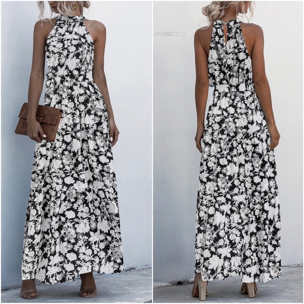 Boho Blue White Floral Print Halter Ruffle Maxi Dress - Picture 4 of 13